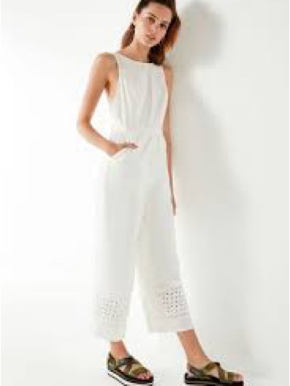 Urban Outfitters White Sleeveless Cropped Eyelet-Hem Jumpsuit